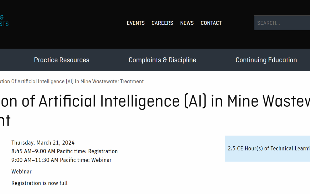 Webinar on Application of Artificial Intelligence (AI) in Mine Wastewater Treatment